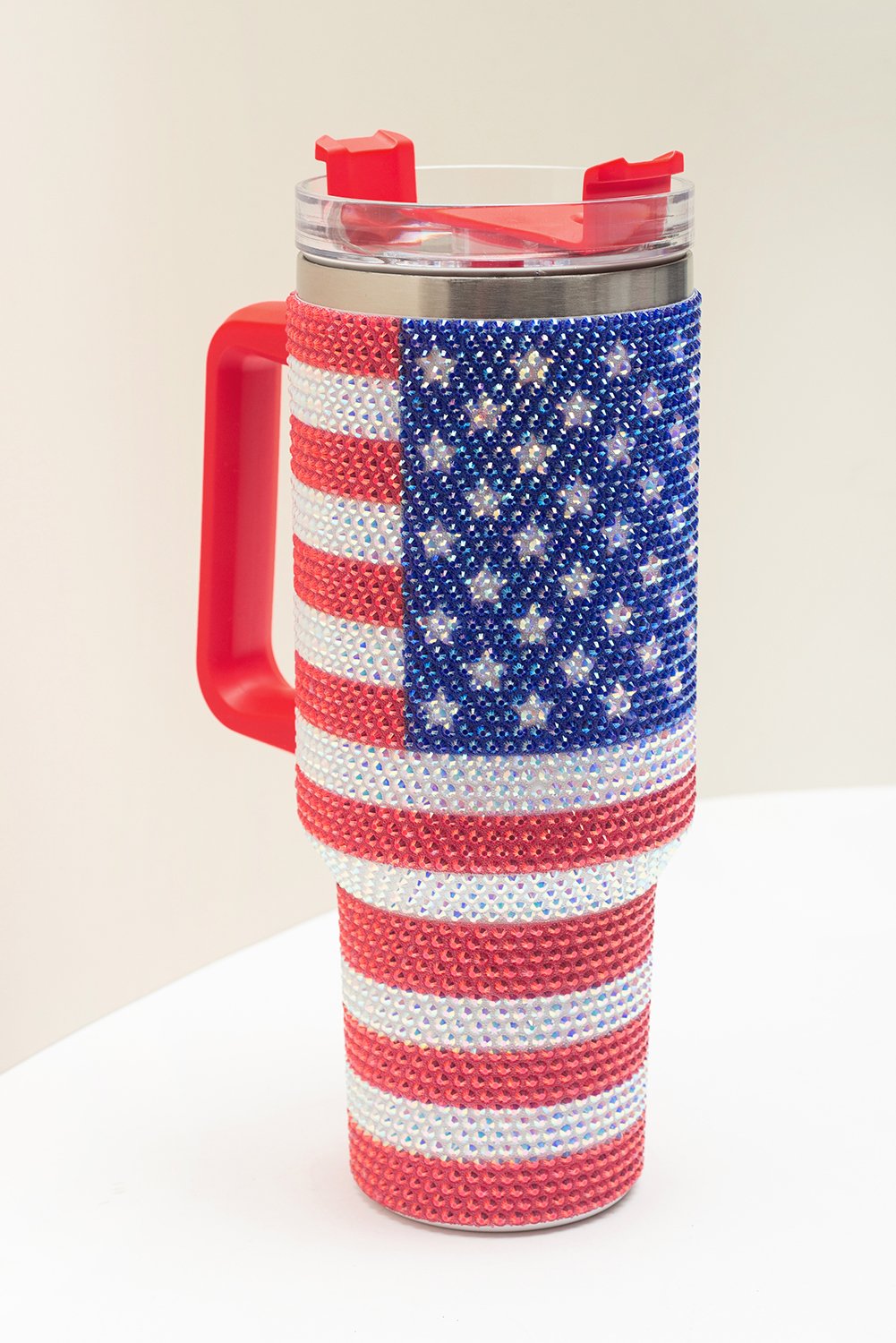 Red Rhinestone American Flag Print Handled 40oz Thermos Tumbler - Image 8