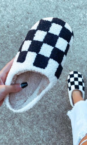 Black Checkered Print Fuzzy Slip On Winter Slippers