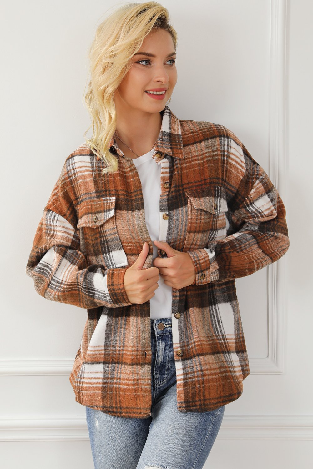 Brown Plaid Flap Pockets Shacket - Image 8