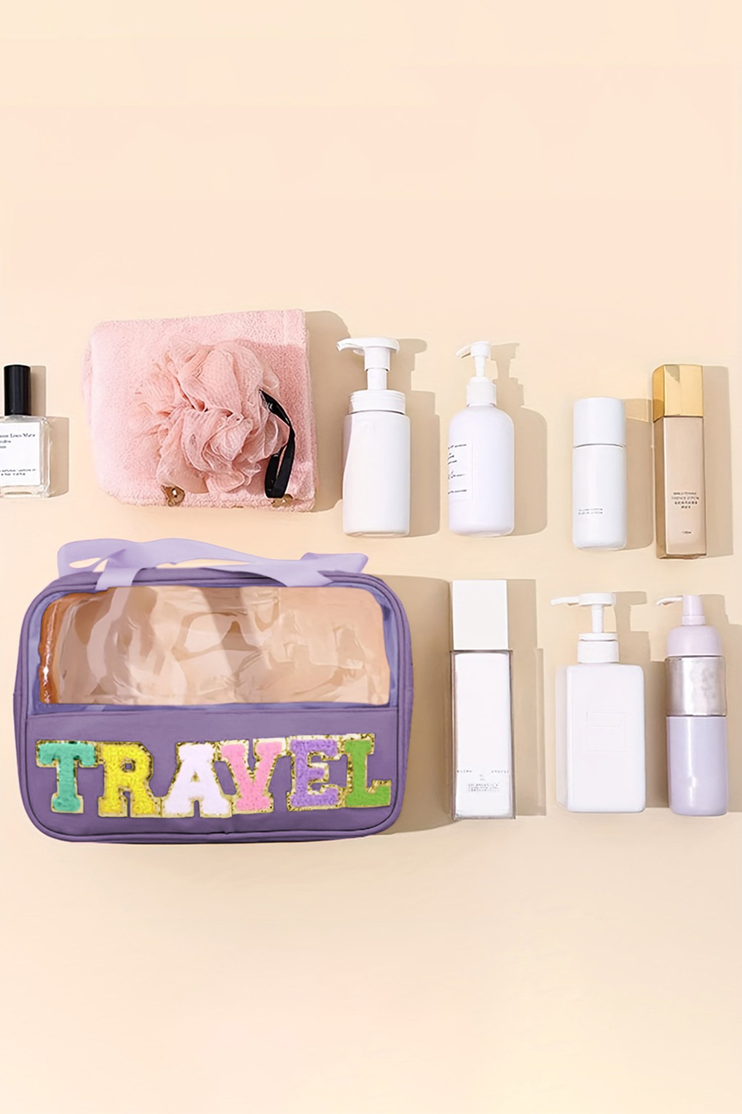 Purple TRAVEL Chenille Letter Clear PVC Makeup Bag - Image 5