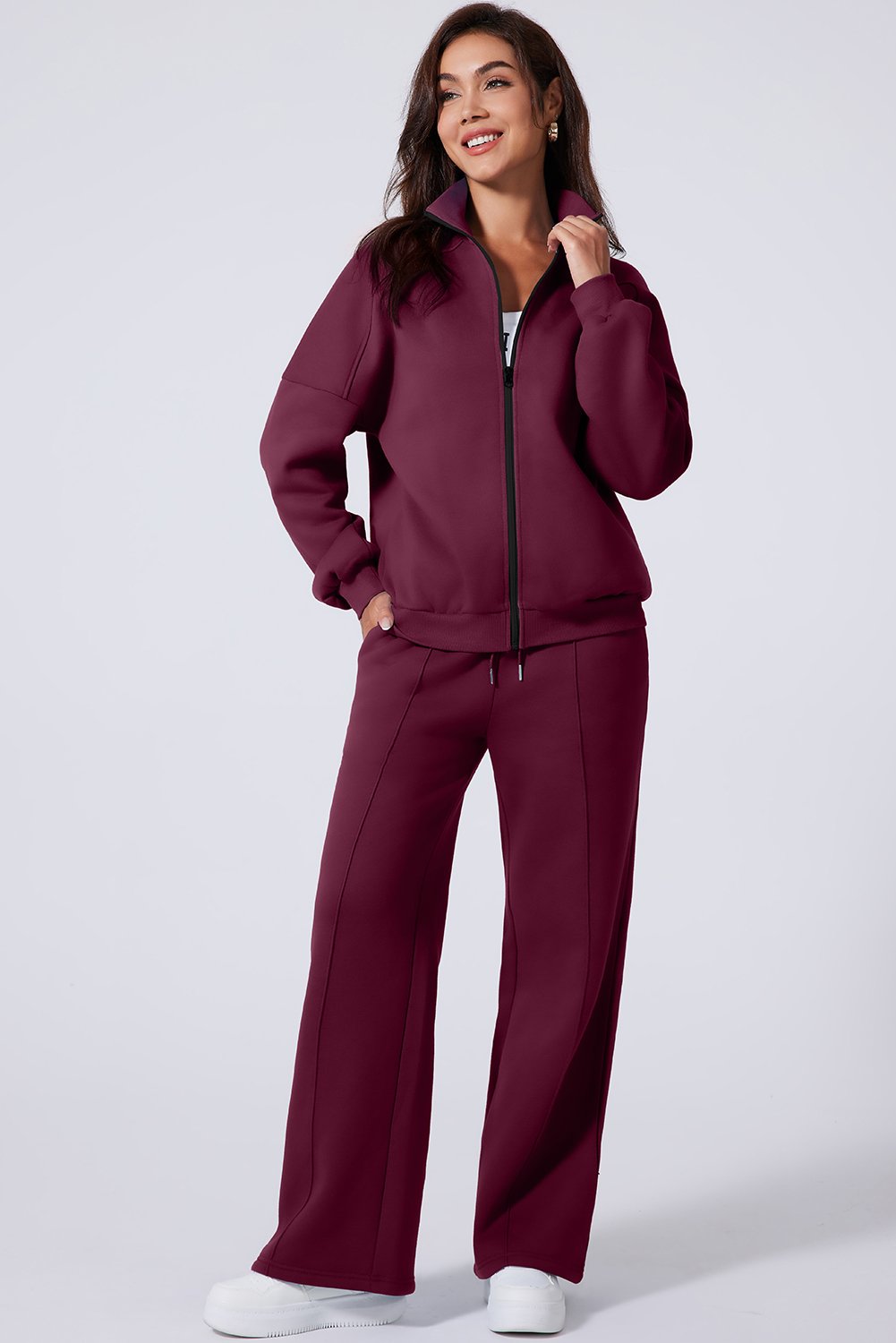 Burgundy Drop Shoulder Zip Up Jacket Drawstring Pants Active 2pcs Set - Image 4