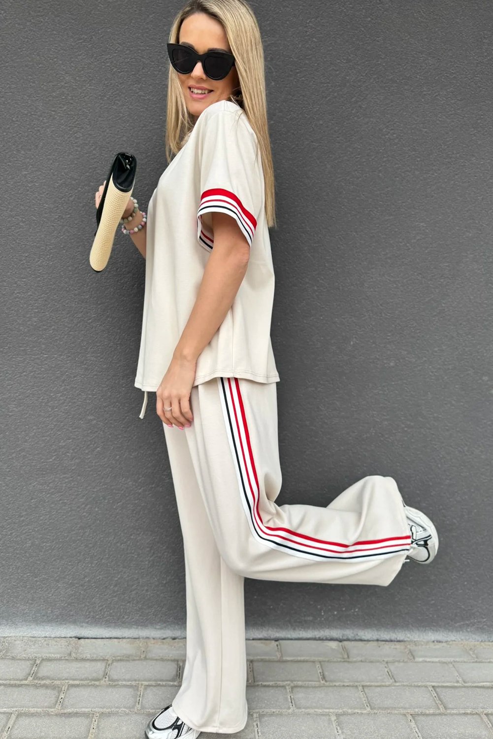 Jet Stream Contrast Striped Trim Crewneck T Shirt Loose Straight Pants Set - Image 6