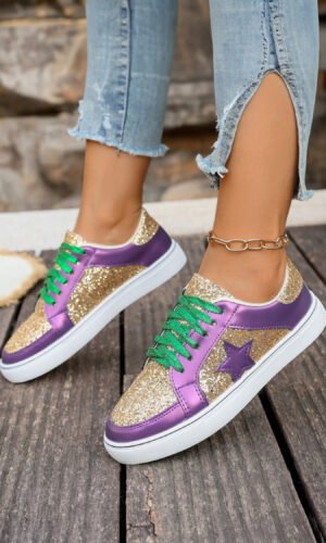Tillandsia Purple Dearlove Glitter Star Patchwork PU Leather Lace-up Sneakers