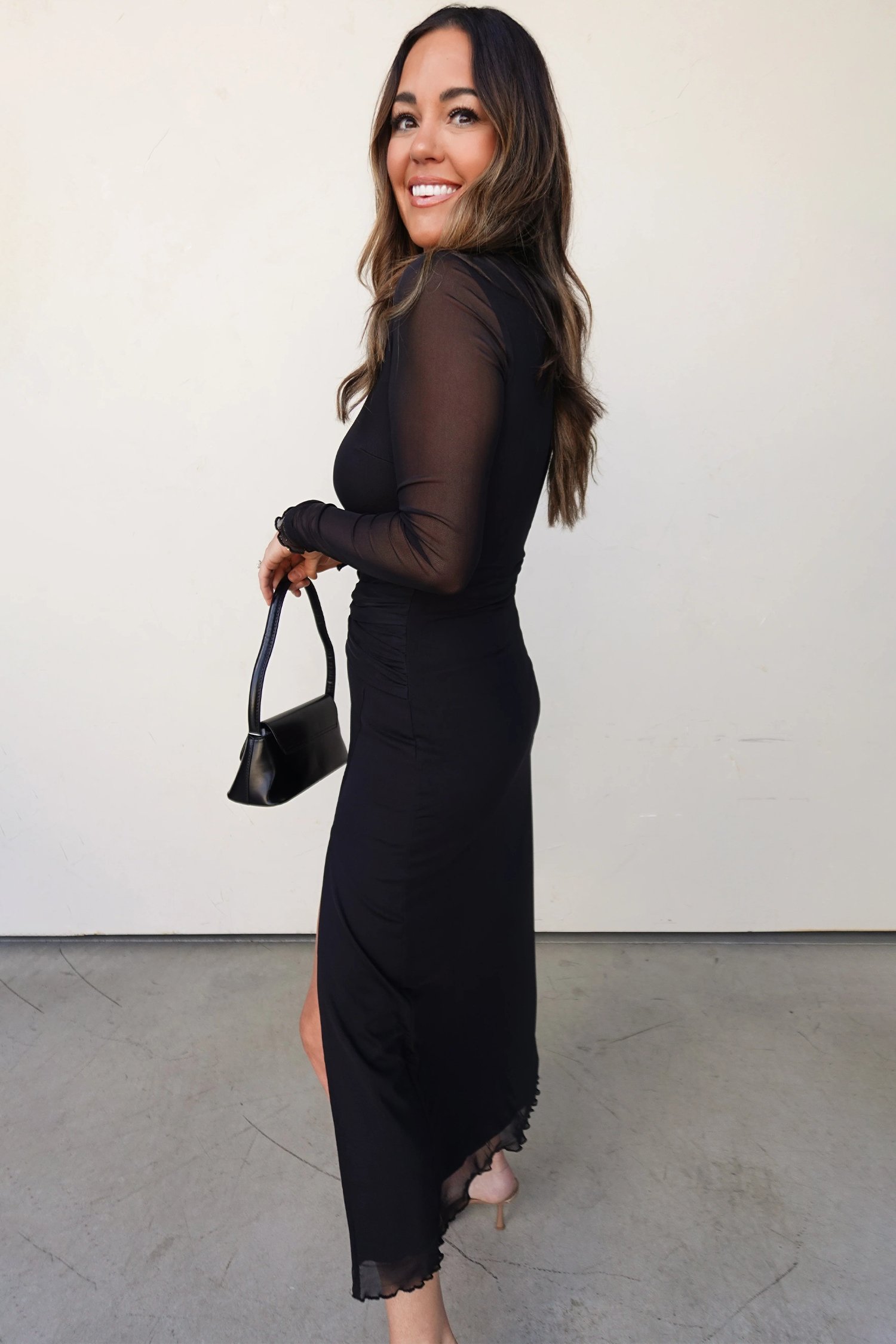 Black Sheer Mesh Long Sleeve Twisted Knot Side Slit Midi Dress - Image 2