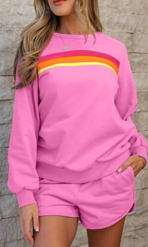 Bonbon Striped Accent Pullover and Shorts Two Piece Casual Set