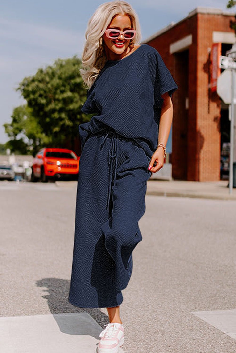 Navy Blue Textured Loose Fit T Shirt and Drawstring Pants Set - Image 4