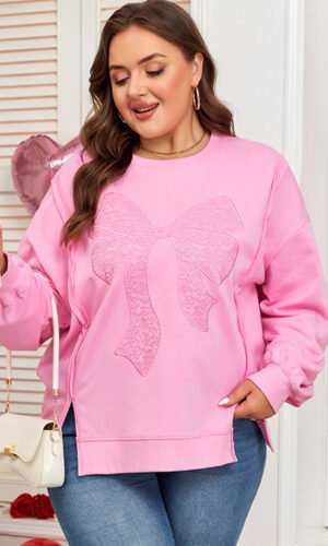 Pink Big Bow Lace Embroidered Dolman Sleeve Slit Plus Size Sweatshirt