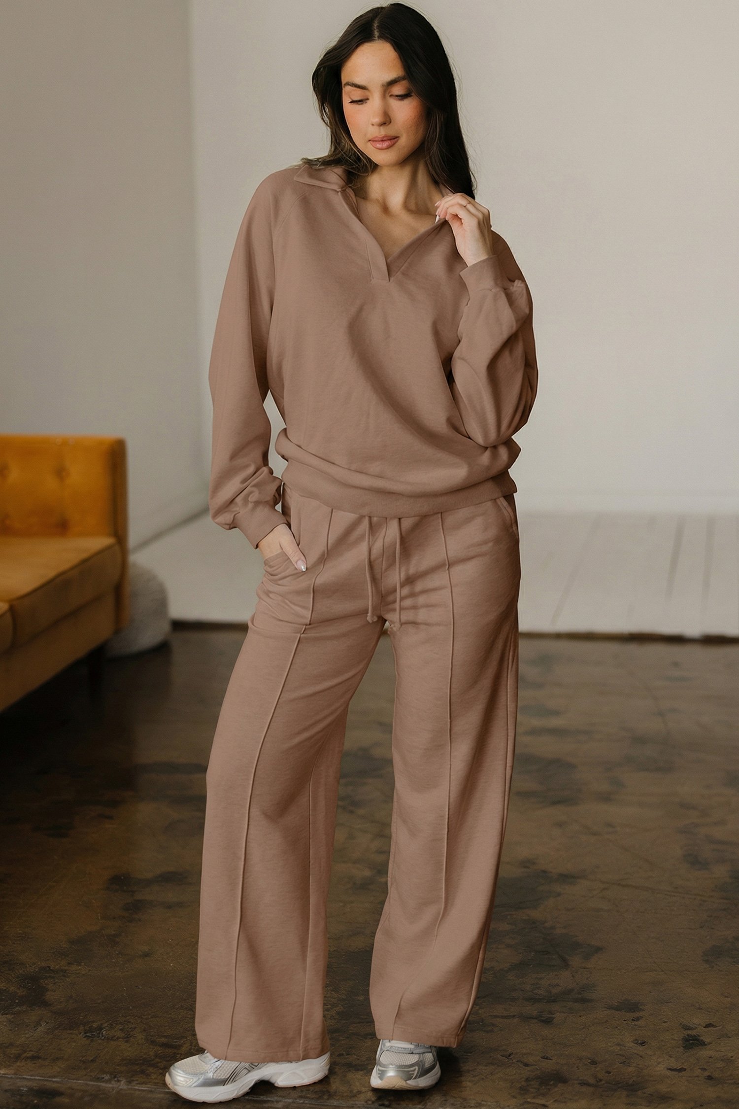 Dark Khaki Polo Collar V Neck Pullover and Drawstring Sweatpants Set - Image 12