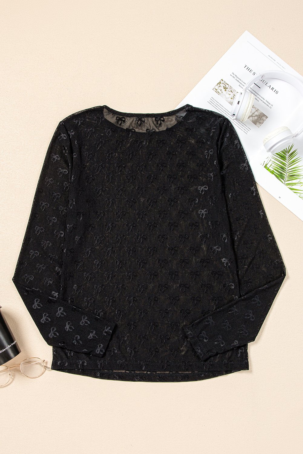 Black Mesh Bow Pattern Long Sleeve Top - Image 7