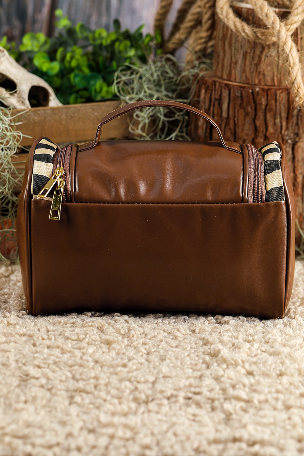 Black Checkered PU Leather Zipper Makeup Bag - Image 6