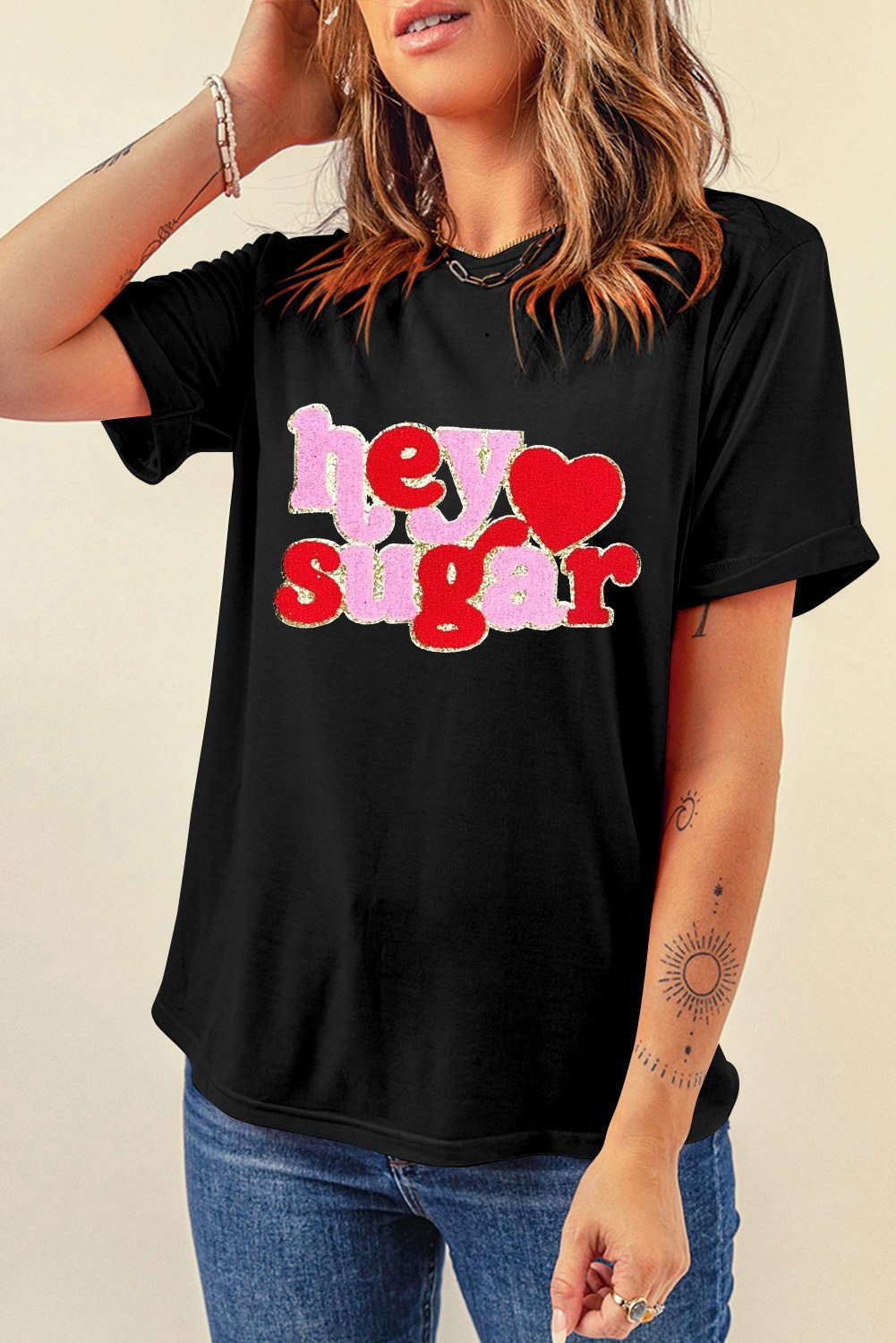 Black Chenille Heart hey sugar Patched Crewneck Valentines Tee - Image 3