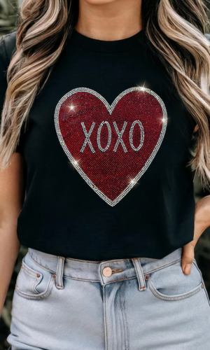 Black Rhinestone XOXO Heart Graphic Crewneck Tee