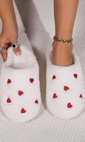 White Heart Shape Embroidered Slip On Plush Slippers