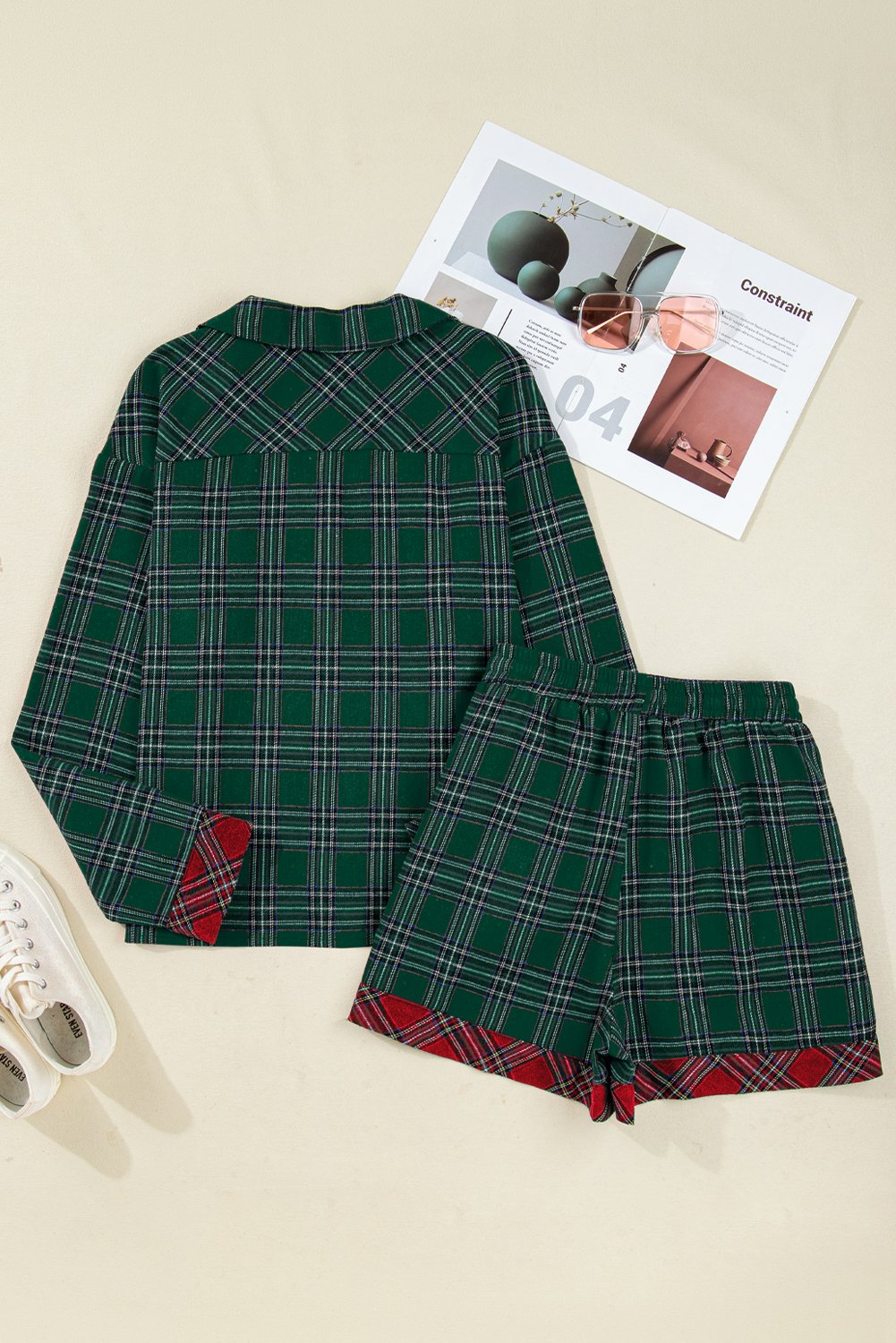 Green Plaid Contrast Patched Christmas Holiday Long Sleeve Shirt and Short 2pcs Pajama Set - Image 7