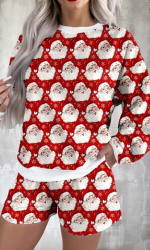 Red Ho Ho Ho Christmas Fashion Print 2pcs Lounge Short Set