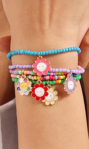 Light Blue 5pcs Smiley Flower Pendant Beaded Bracelet Set