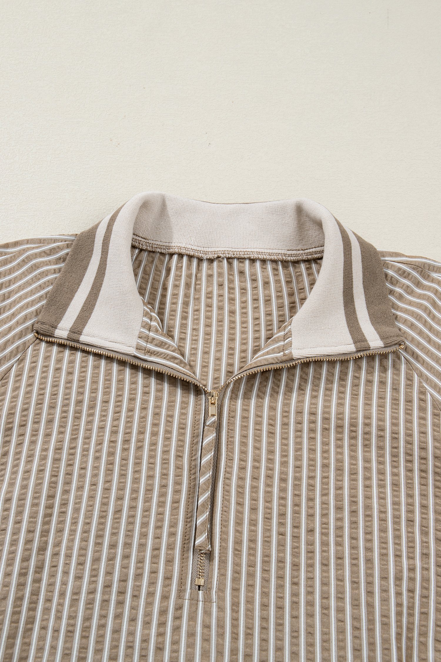 Khaki Stripe Zip up Collared Puff Sleeve Ruffled Plus Size Mini Dress - Image 5