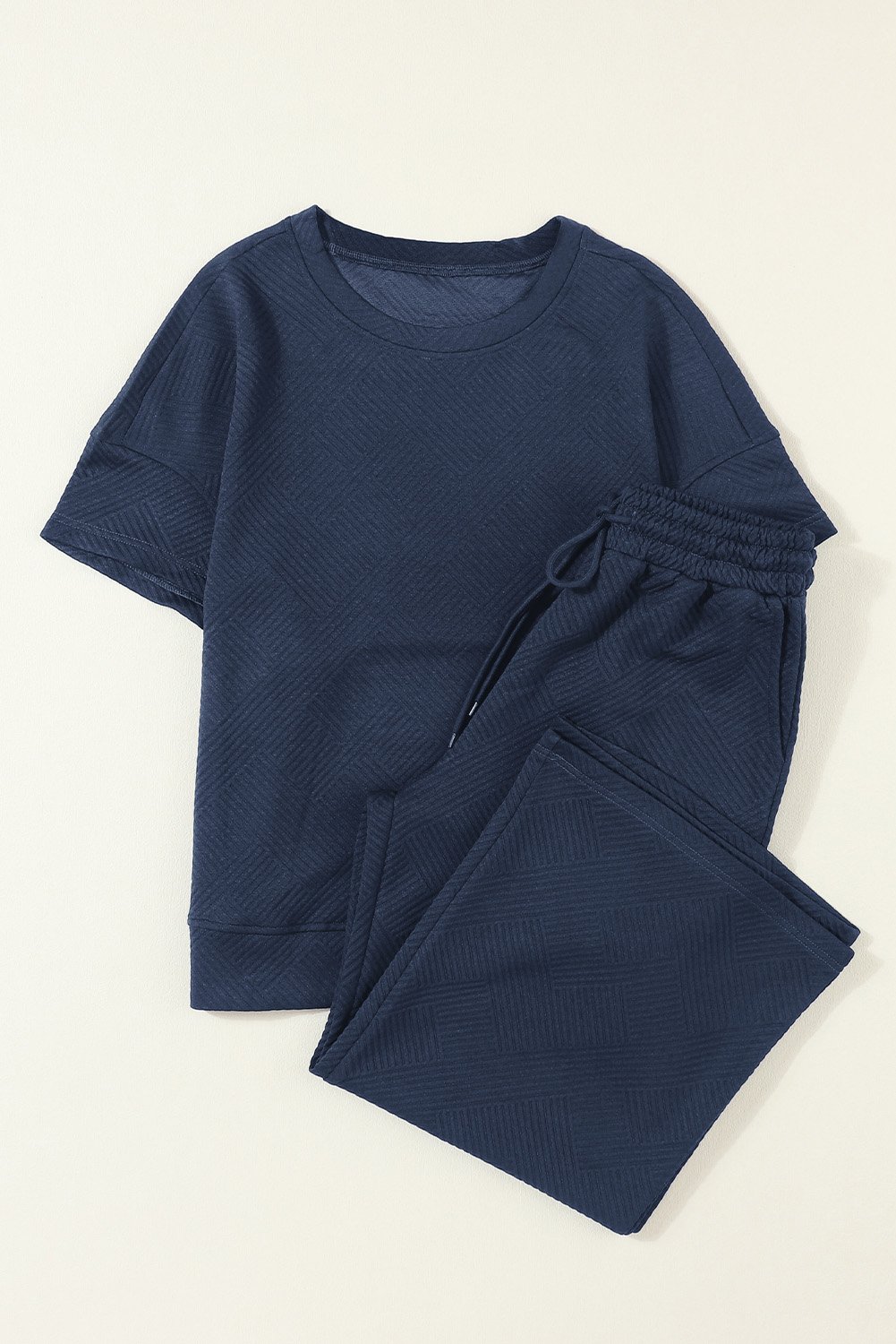Navy Blue Textured Loose Fit T Shirt and Drawstring Pants Set - Image 8