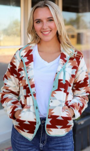 Fiery Red Western Aztec Buttoned Zipper Pockets Fleece Jacket