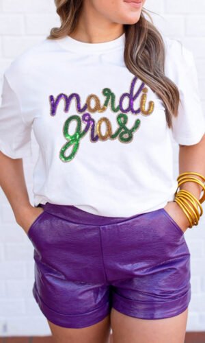 White Sequin mardi gras Graphic T Shirt