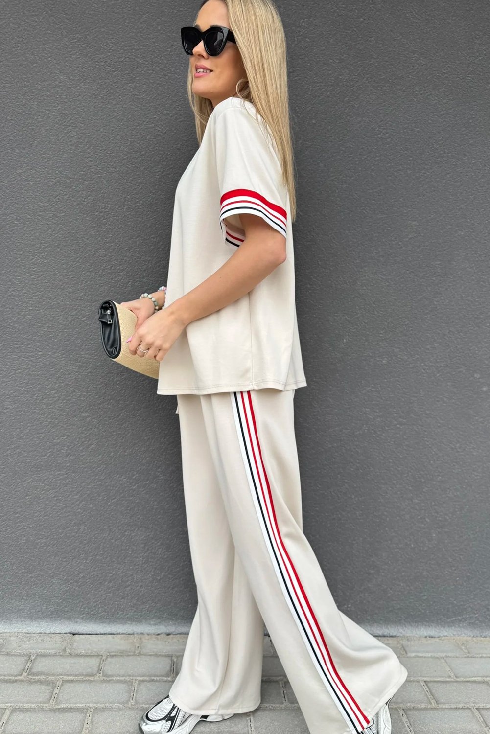 Jet Stream Contrast Striped Trim Crewneck T Shirt Loose Straight Pants Set - Image 2