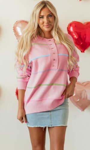 Pink Rainbow Stripes Drop Shoulder Baggy Henley Sweater