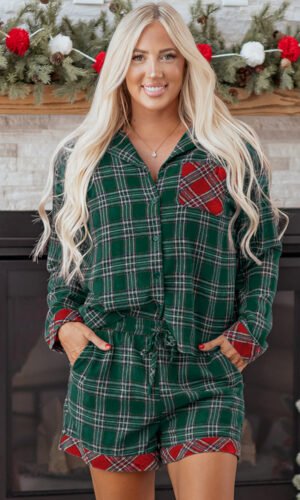 Green Plaid Contrast Patched Christmas Holiday Long Sleeve Shirt and Short 2pcs Pajama Set