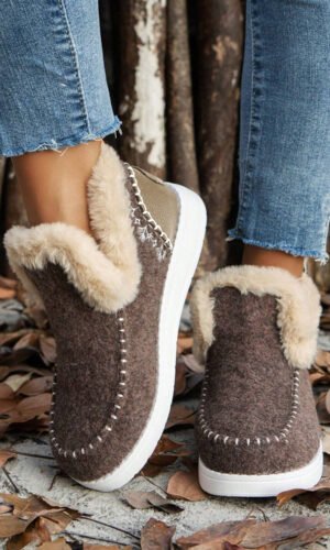 Coffee Suede Stitching Patchwork Plush Lined Anklet Boots