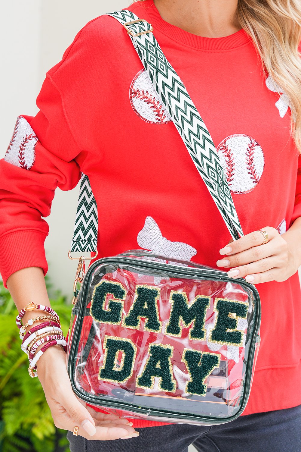 Blackish Green GAME DAY Chenille Embroidered Clear PVC Shoulder Bag - Image 2