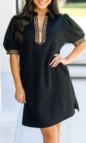 Black Leopard Patchwork Zip Collared Short Puff Sleeve Shift Mini Dress