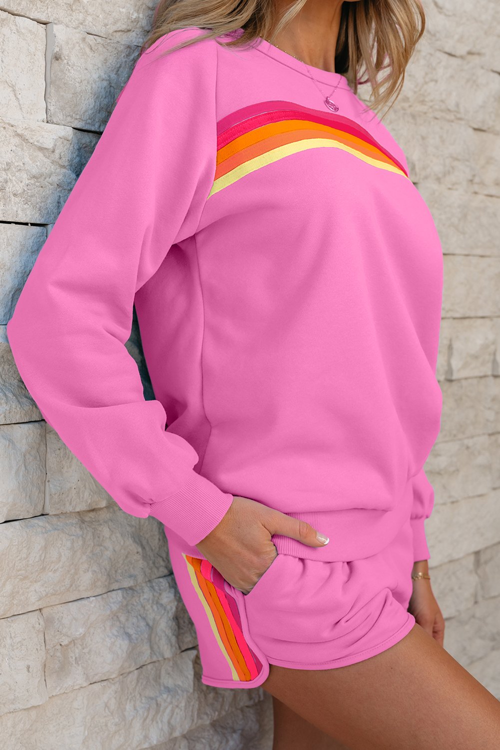 Bonbon Striped Accent Pullover and Shorts Two Piece Casual Set - Image 3