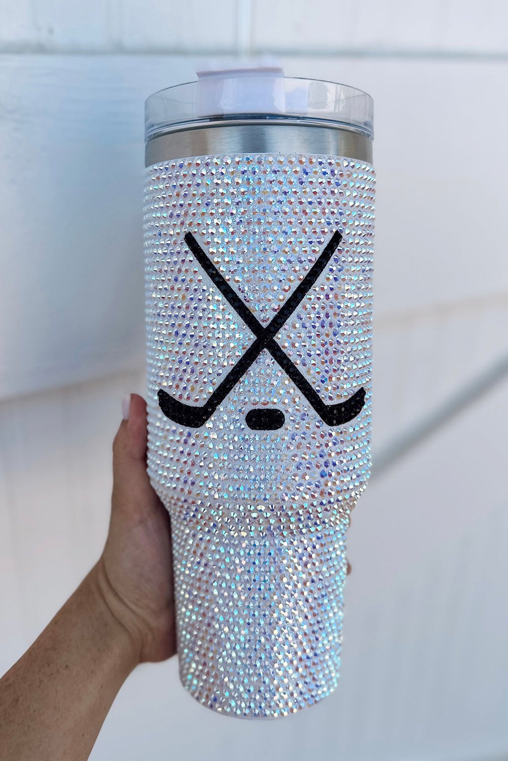 Silvery Hockey Game Day Rhinestone 40 Oz Tumbler with Handle - Image 2