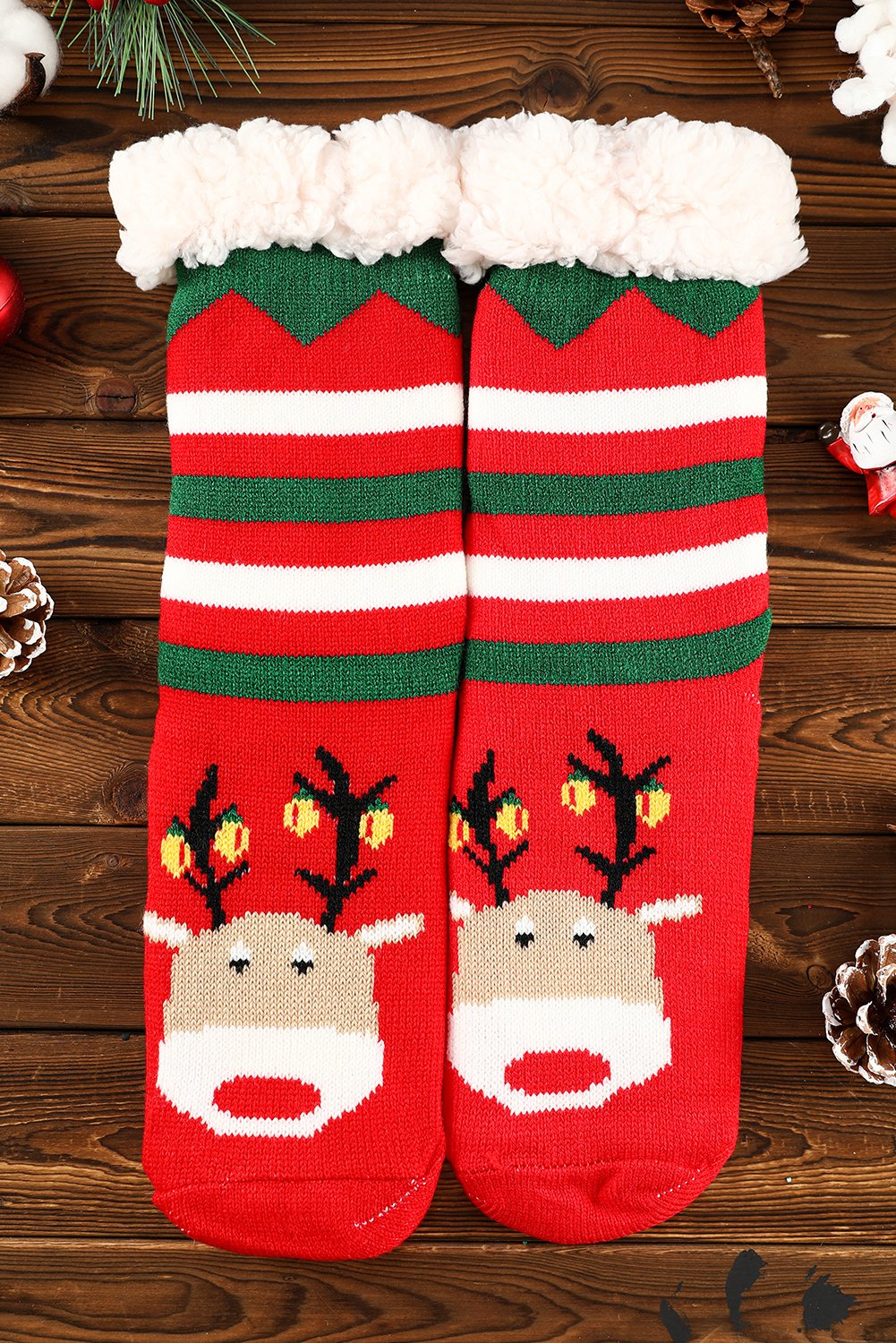 Fiery Red Christmas Cartoon Pattern Woolen Knit Socks - Image 4