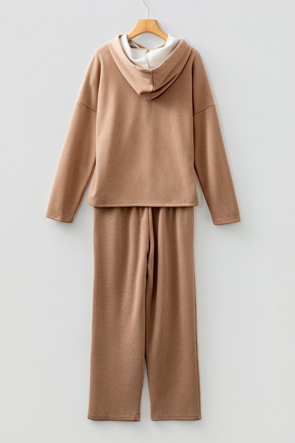 Dark Khaki Leopard Drawstring Pullover Hoodie and High Waist Pants Corduroy Suit - Image 5