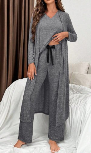Dark Grey 3pcs V Neck T Shirt Ribbon Knot Pants Open Duster 3pcs Lounge Set