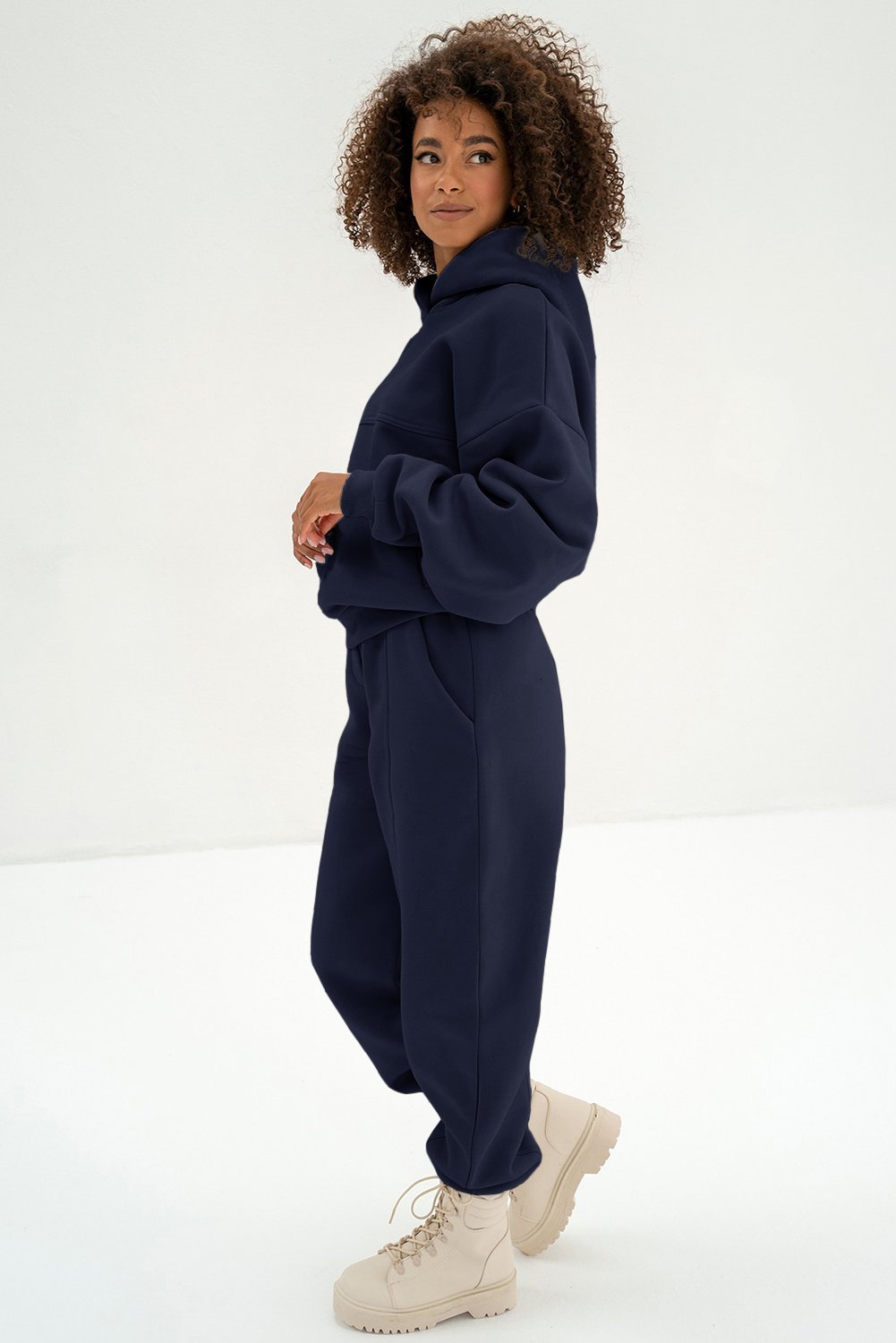 Navy Blue Solid Exposed Seams Hoodie and Joggers Activewear Set - Image 3