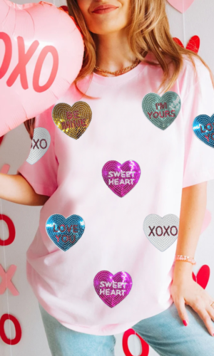 Pink Sequin Valentines Lettering Heart Patched Crewneck T Shirt