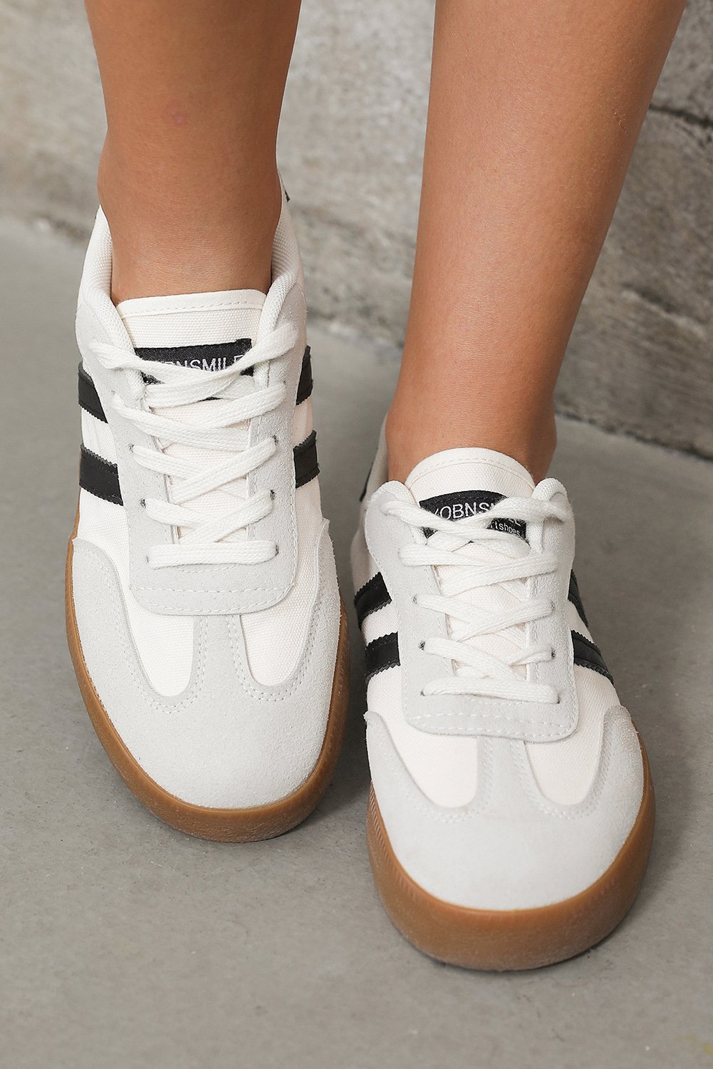 White Striped Lace-up Flat Sneakers - Image 8