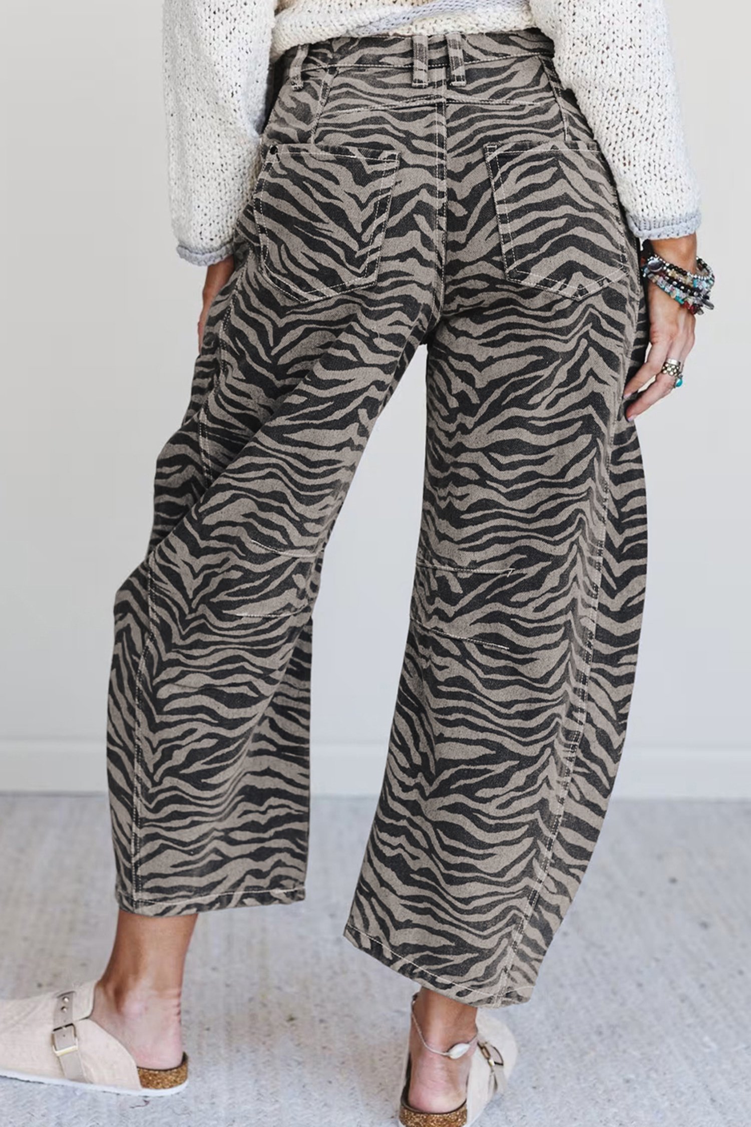 Gray Zebra Stripe Printed Wide Leg Jeans - Image 2