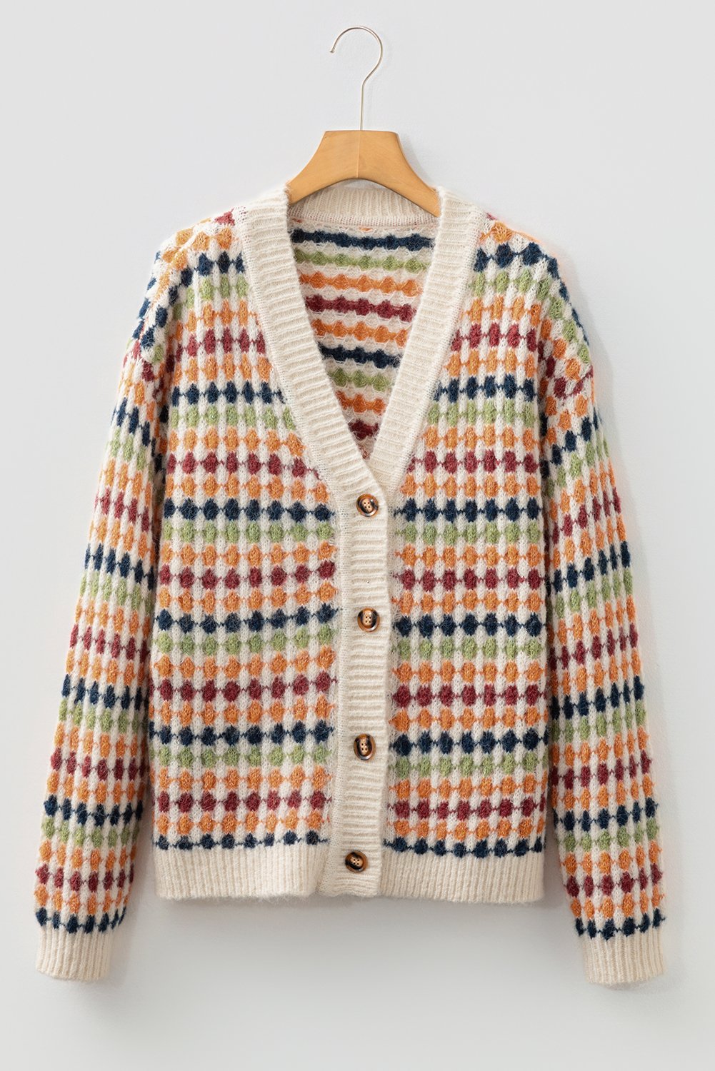Multicolour Dotty Pattern Knit Button Front V Neck Sweater Cardigan - Image 3