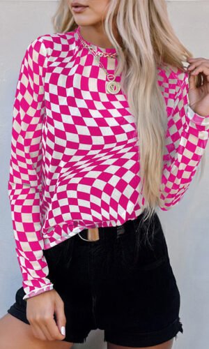 Rose Checkered Pattern Mesh Mock Neck Long Sleeve Top