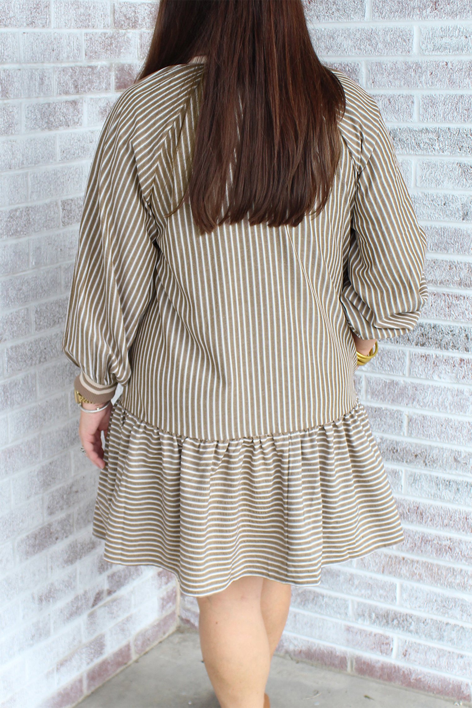 Khaki Stripe Zip up Collared Puff Sleeve Ruffled Plus Size Mini Dress - Image 2