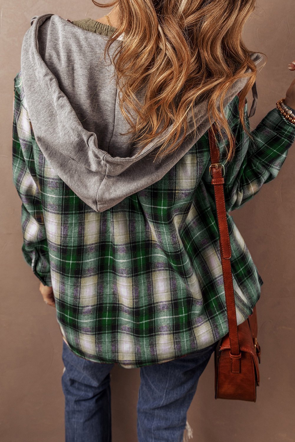 Green Plaid Print Chest Pocket Buttoned Hooded Shacket - Image 2