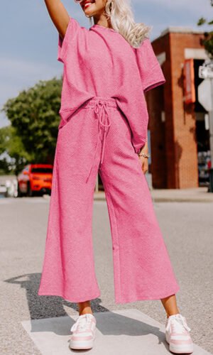 Strawberry Pink Textured Loose Fit T Shirt and Drawstring Pants Set