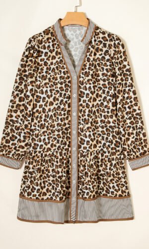 Brown Leopard Print Striped Patchwork 3/4 Sleeve Loose Mini Dress