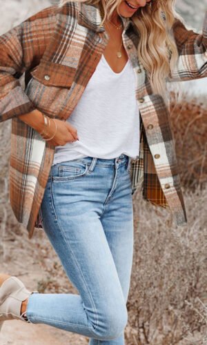 Brown Plaid Flap Pockets Shacket