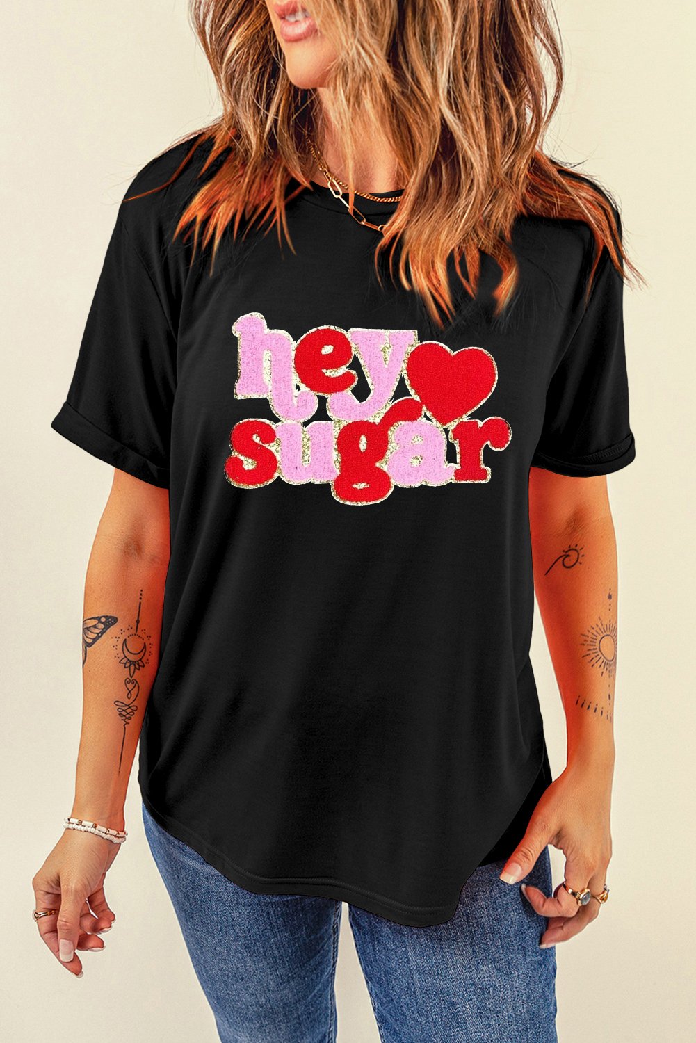 Black Chenille Heart hey sugar Patched Crewneck Valentines Tee - Image 5