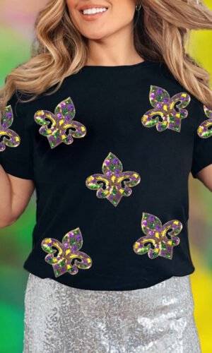 Black Maid Gras Sequin Fleur de Lis Graphic T Shirt