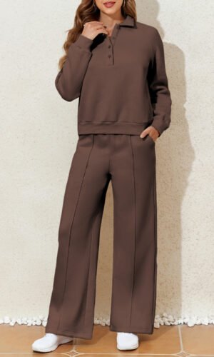 Dark Brown Solid Collared Sweatshirt and High Waist Pants Active Set