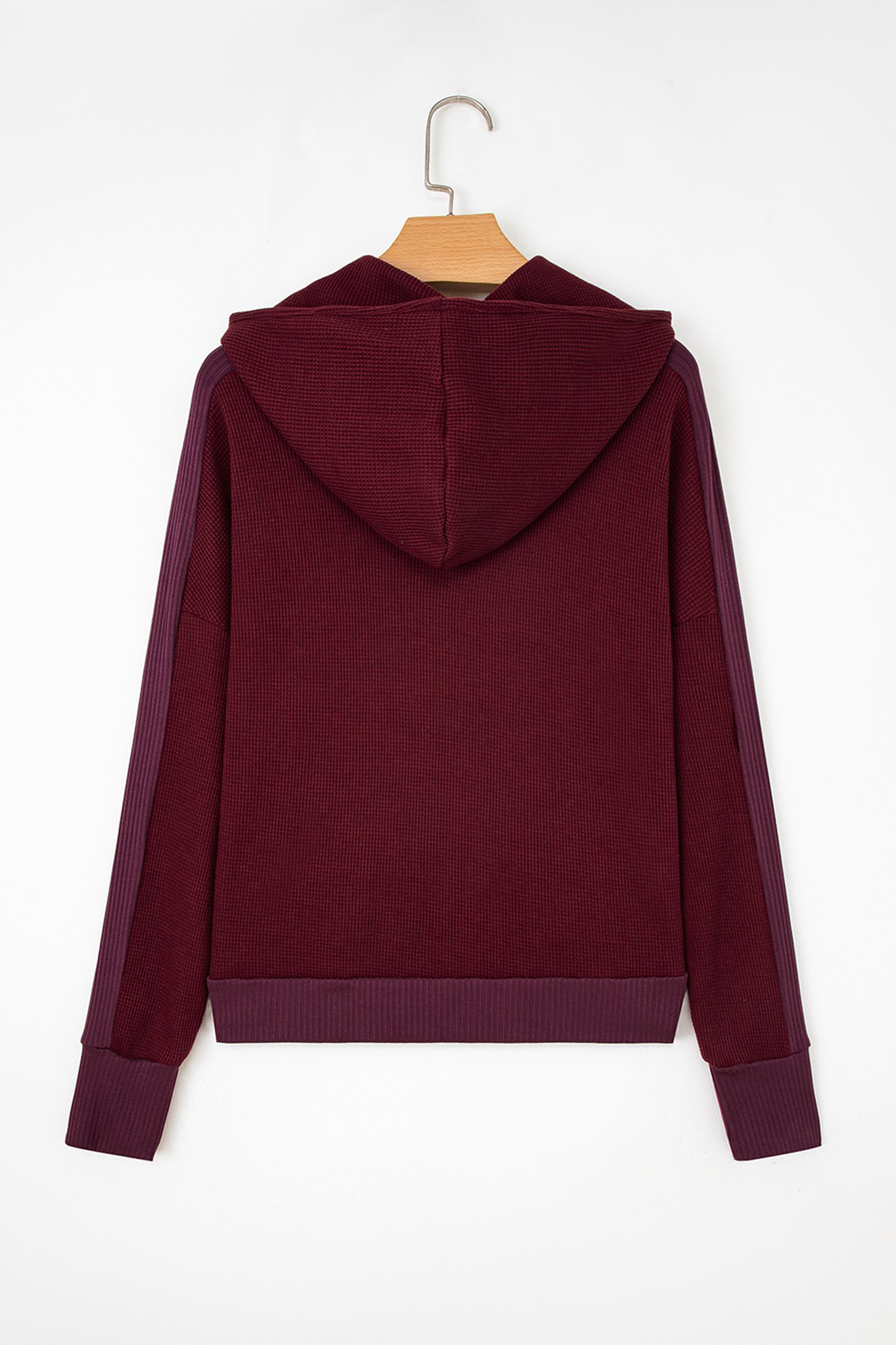 Burgundy Waffle Splicing Zip Up Front Button Hooded Jacket - Image 8